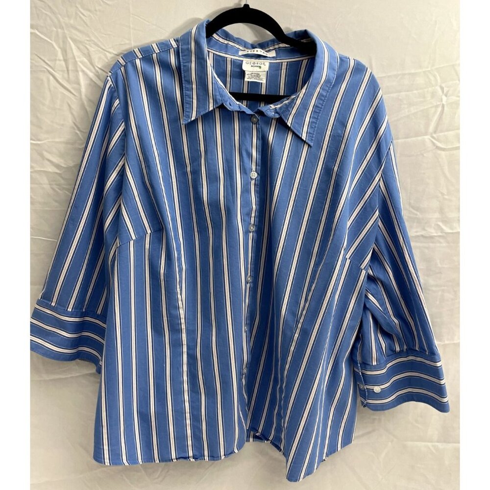 George Woman Blouse Top Shirt Button Striped Blue White 3/4 Sleeve Size 26/28W